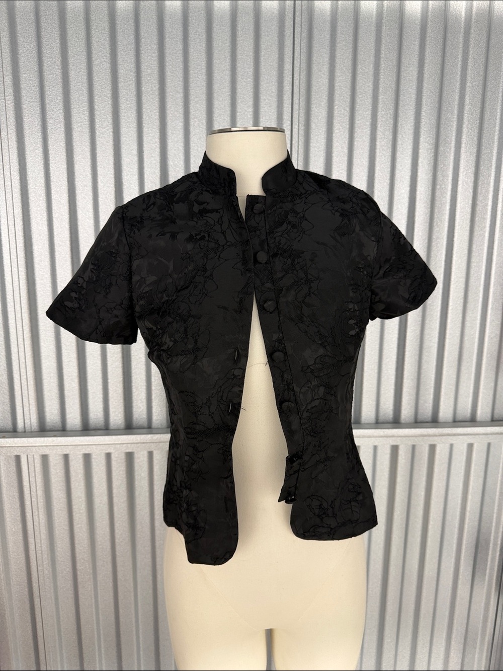 Black Short-Sleeve Mandarin Collar Button-Down Top